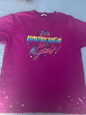 Balenciaga Magenta Graphic Tee with Rainbow Logo